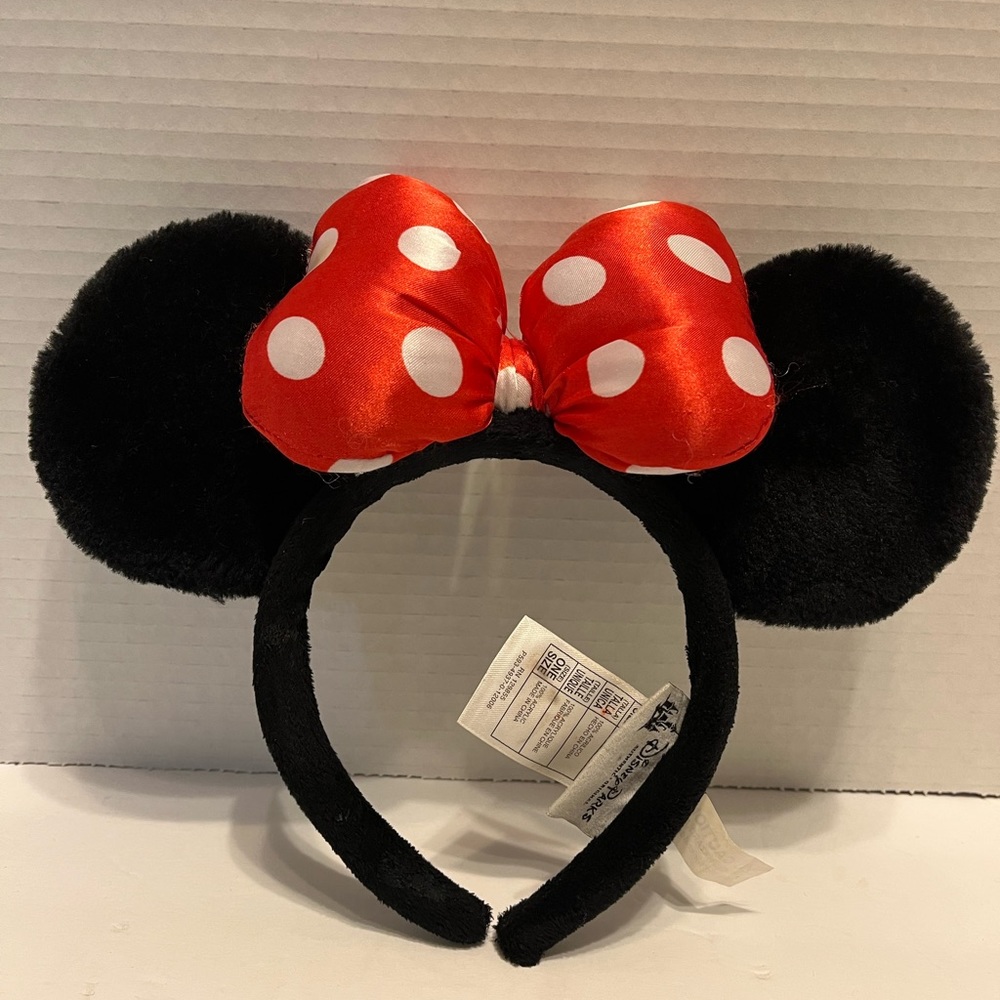 Disney Parks Minnie Mouse Black Plush Ears Red Satin Polka Dot Bow Headband
